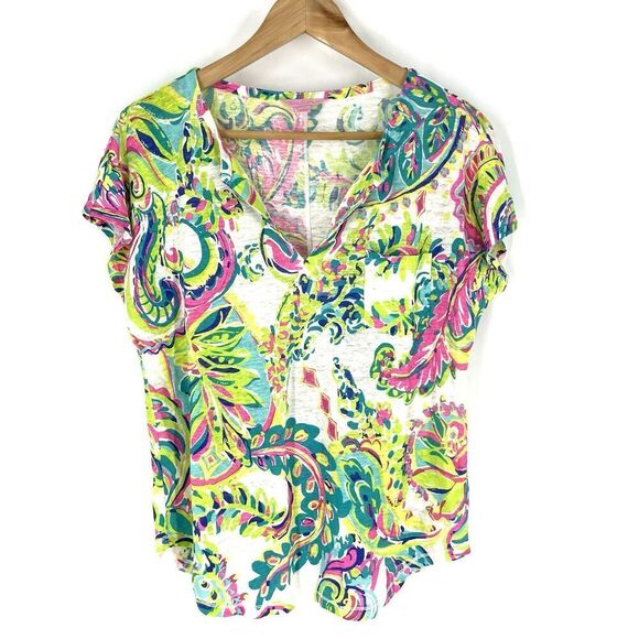Lilly Pulitzer T Shirt Size Small Pink Green Knit Linen Casual Top Print Beachy - Picture 1 of 9